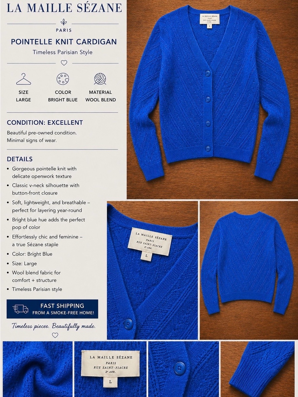 Sezane Bright Blue Pointelle V-Neck Cardigan